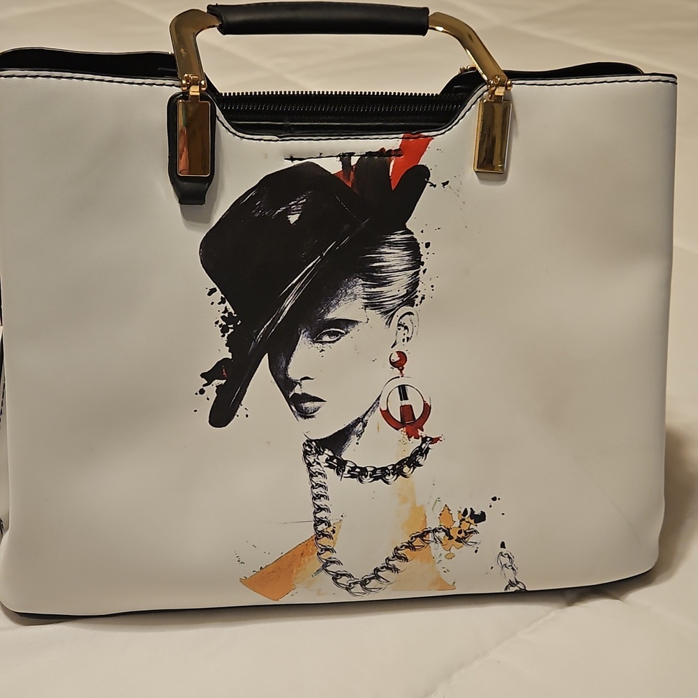 White Fashion Tote Bag with Artistic Portrait Print